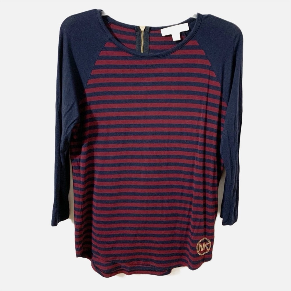 Michael Michael Khors Striped Round Neck Long Sleeve Raglan Top Exposed Back Zip